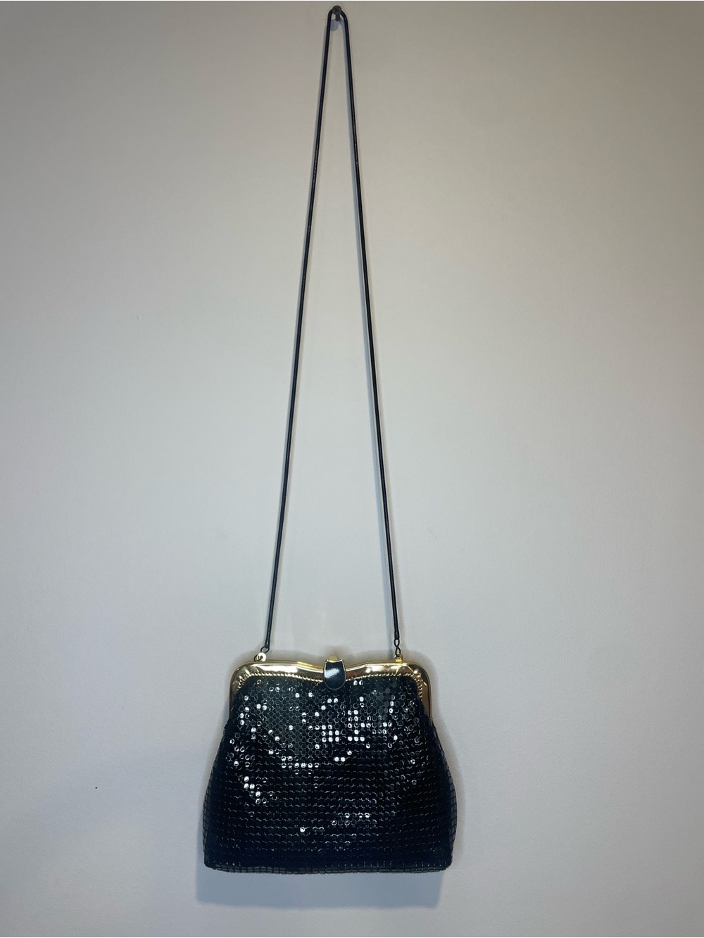 Vintage Black Sequin Crossbody Bag with Gold Frame